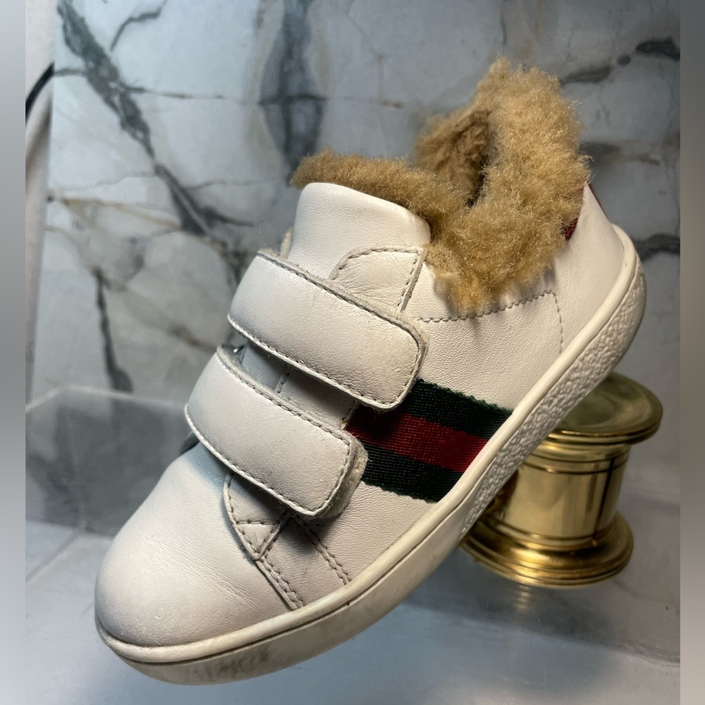 GUCCI Youth sz 14 INCHES 7 ace fur lined White leather snearker made in italy - Picture 9 of 16